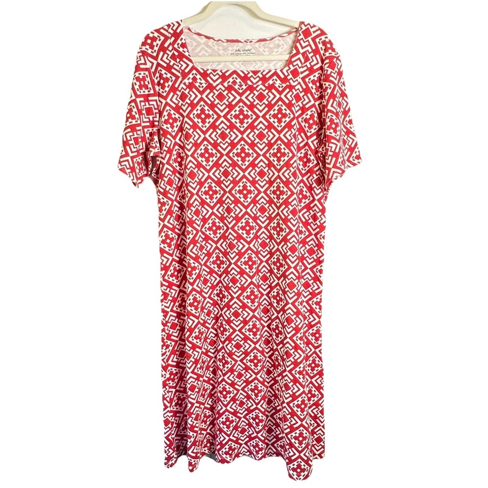 Vicki Wayne Womens Size L Red White Geometric Midi Dress Stretch Knit Retro Mod